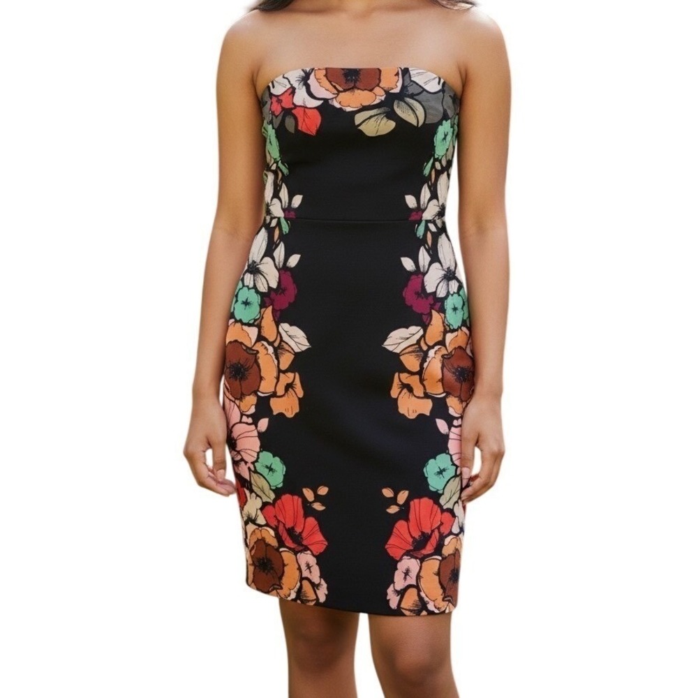 EXPRESS Black Floral Print Strapless Bodycon Dress EUC Size 6